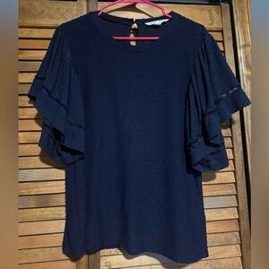 Zac & Rachel Navy Flutter Sleeve Swiss-Dot Blouse